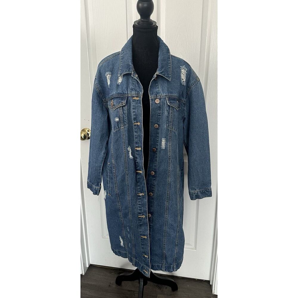 Womens Ashley Vintage Charm Distressed Jean Trench Coat Jacket Size Medium